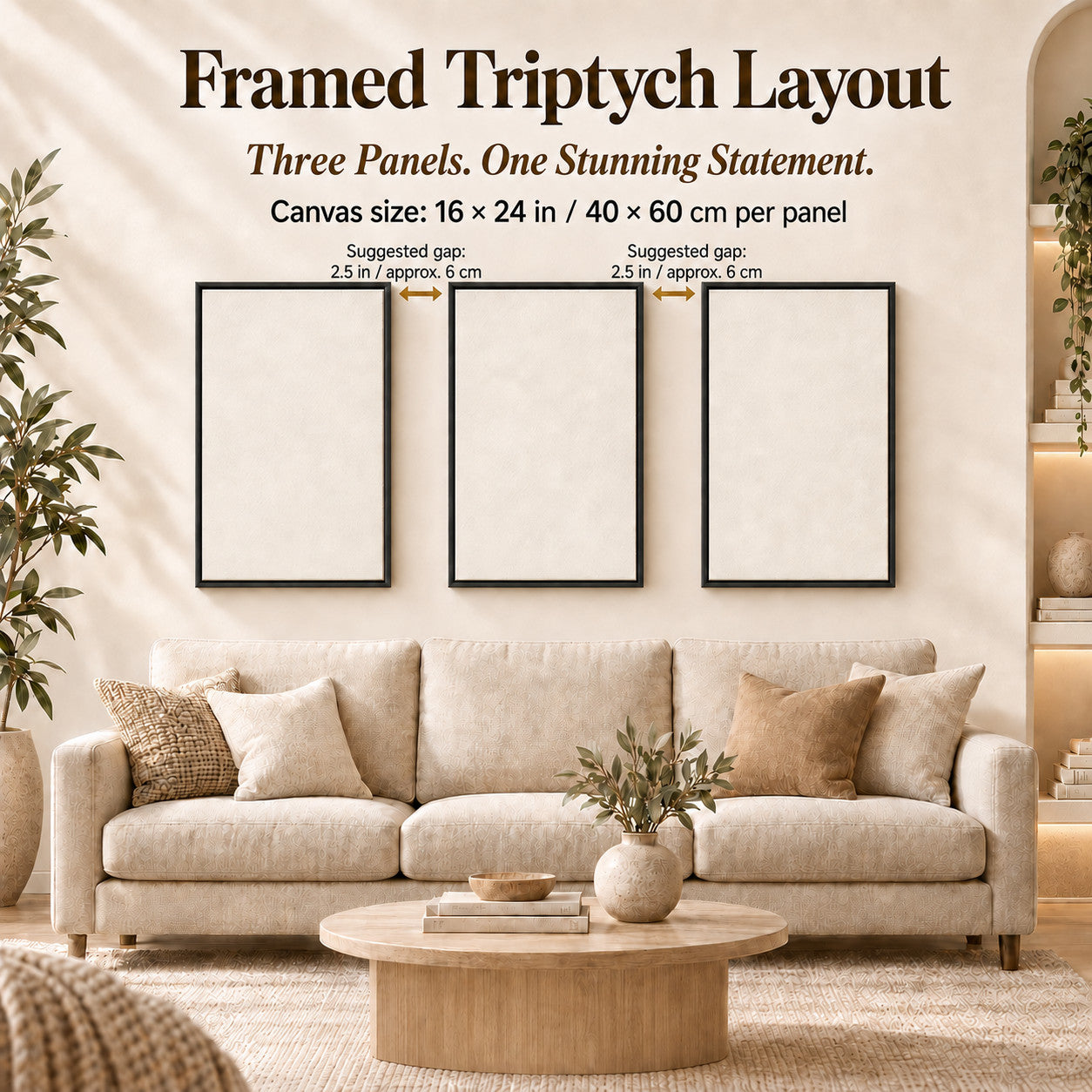 bundle framed canvas three-panel wall art hanging layout and spacing example.