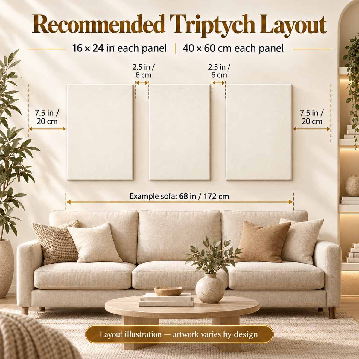 coordinated bundle canvas three-panel wall art hanging layout and spacing example.