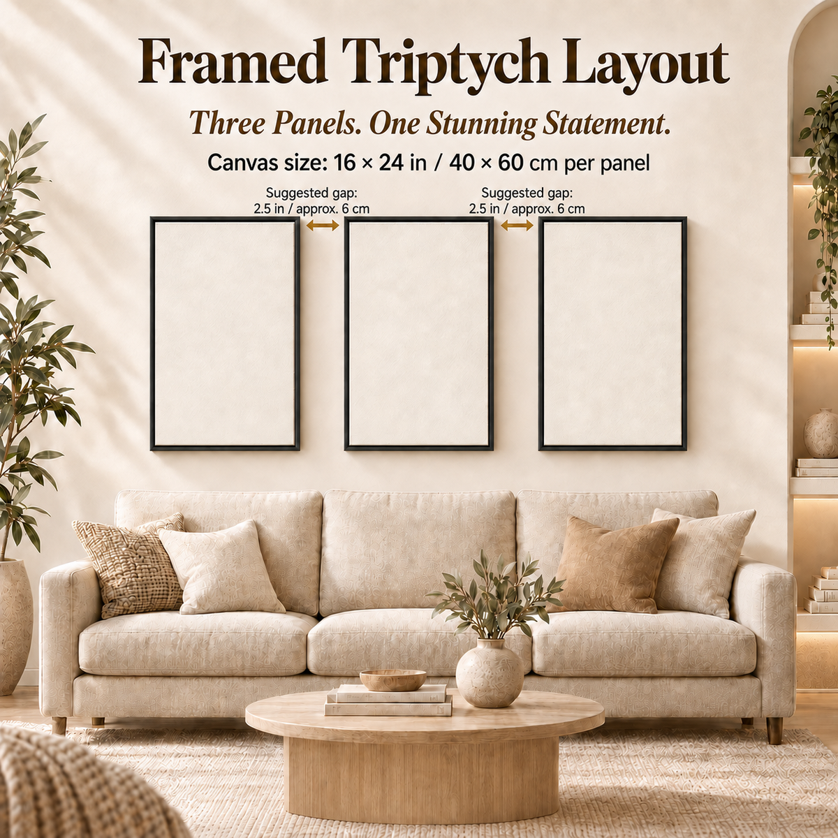 coordinated bundle framed canvas three-panel wall art hanging layout and spacing example.