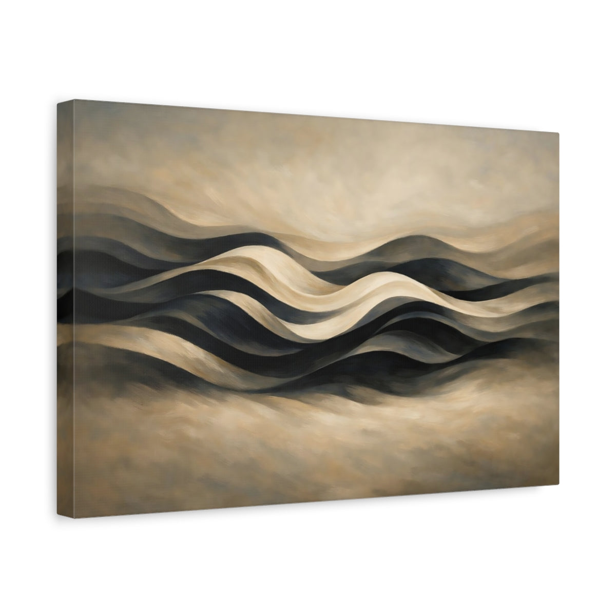 Side Mockup 4. Abstract Abstract Waves Brown Black Waves shown as stretched canvas wall art