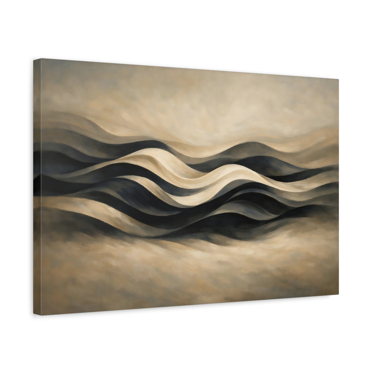 Side Mockup 3. Abstract Abstract Waves Brown Black Waves shown as stretched canvas wall art