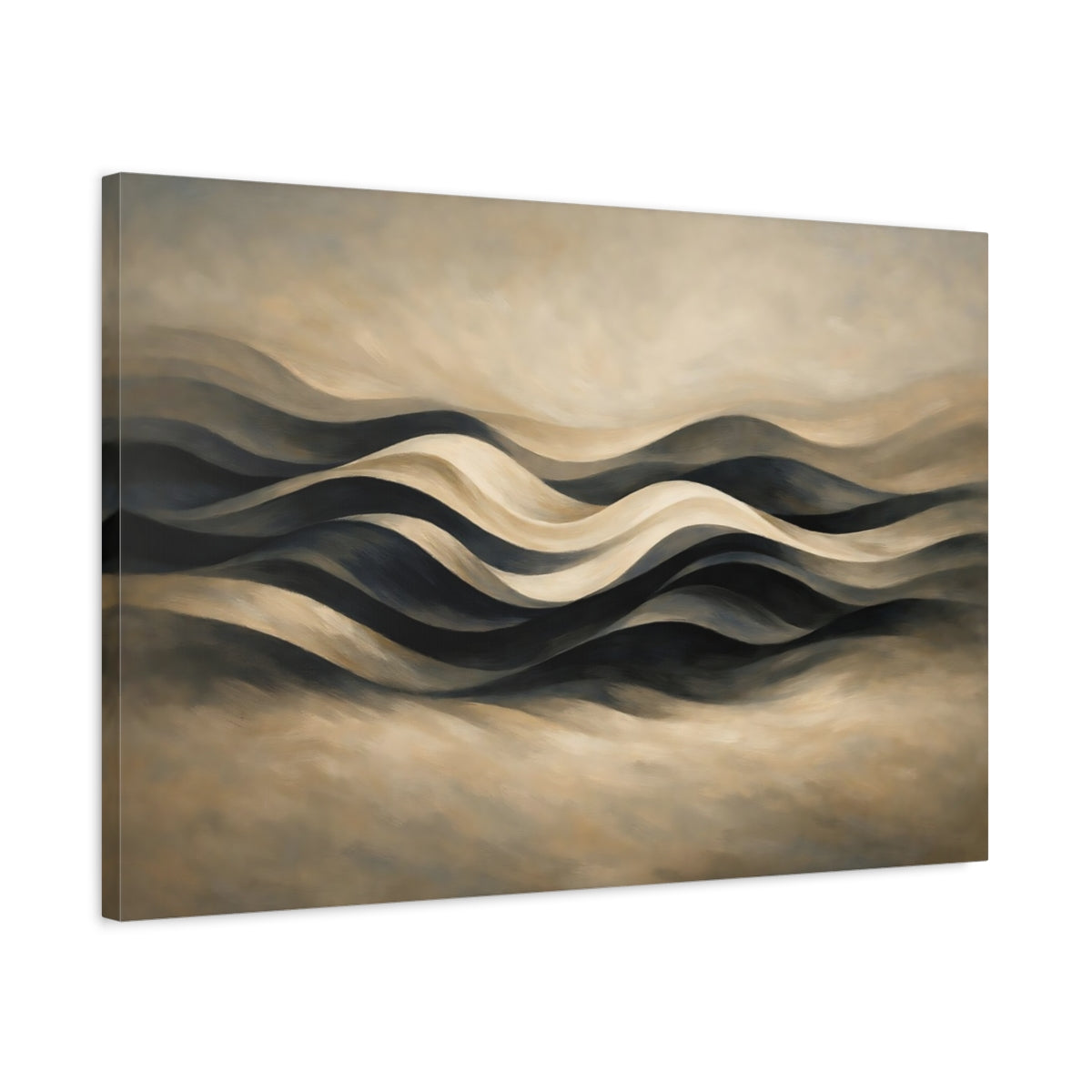 Side Mockup 2. Abstract Abstract Waves Brown Black Waves shown as stretched canvas wall art