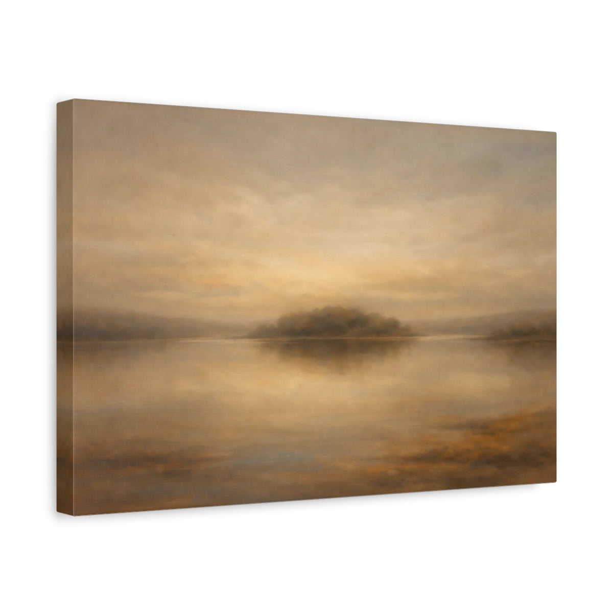 Side Mockup 4. Nature Misty Lake Golden Brown Lake shown as stretched canvas wall art