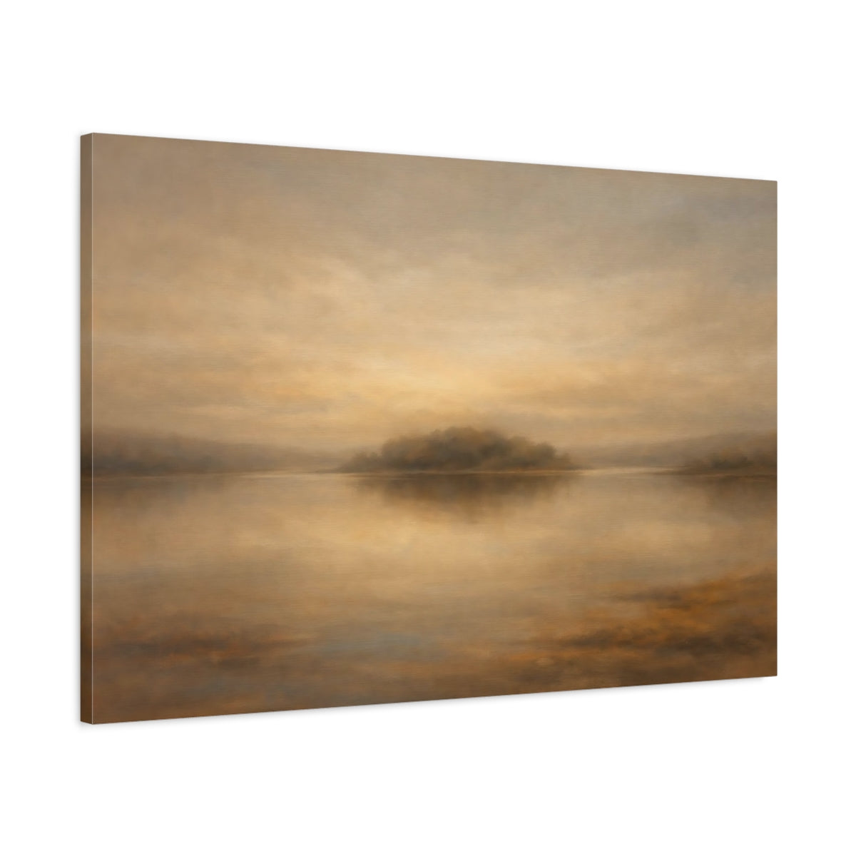 Side Mockup 1. Nature Misty Lake Golden Brown Lake shown as stretched canvas wall art