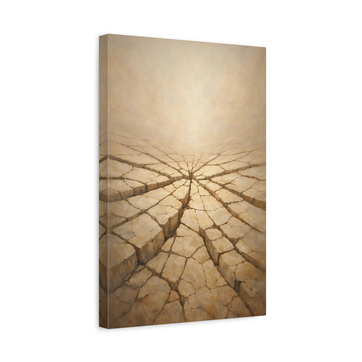 Side Mockup 4. Nature Cracked Earth Brown And Beige shown as stretched canvas wall art