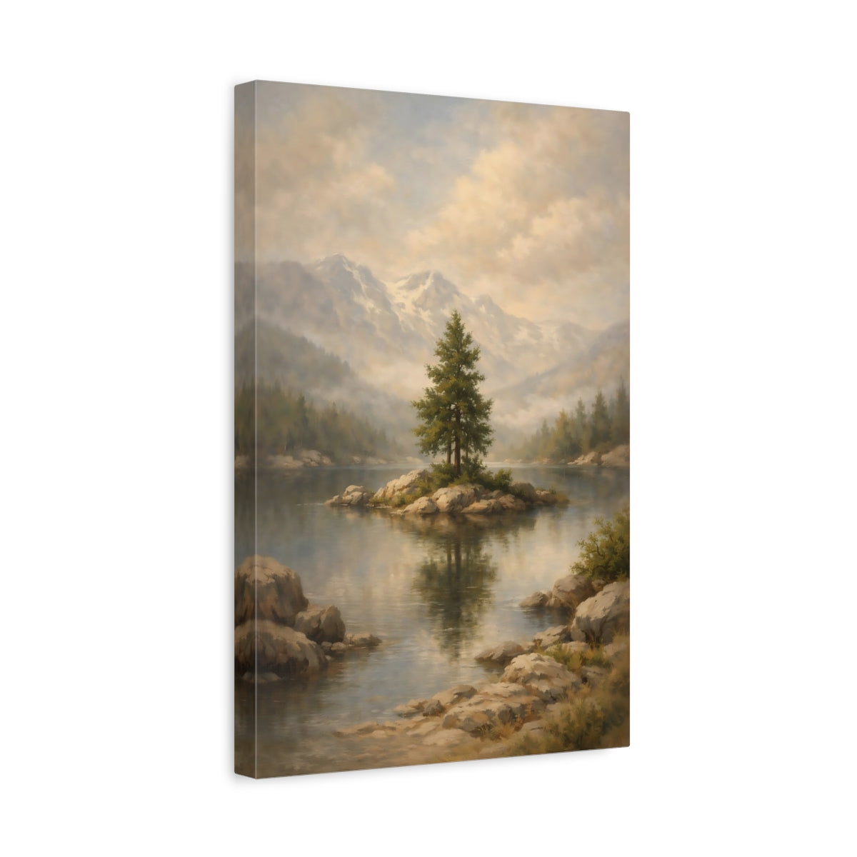 Side Mockup 4. Nature Pine Tree Misty Mountain Lake shown as stretched canvas wall art