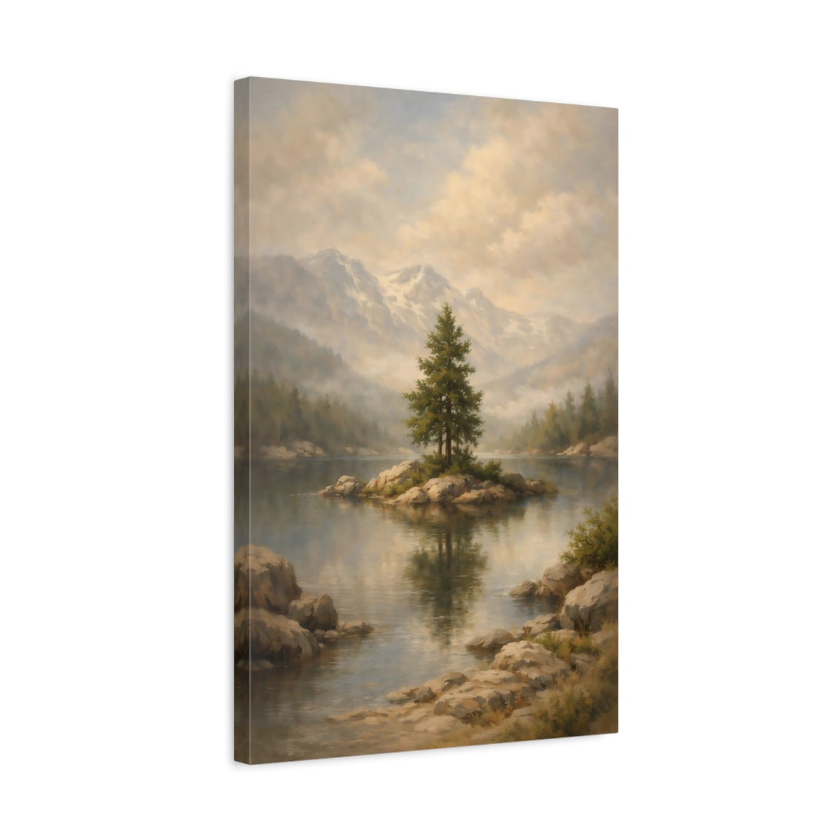 Side Mockup 3. Nature Pine Tree Misty Mountain Lake shown as stretched canvas wall art