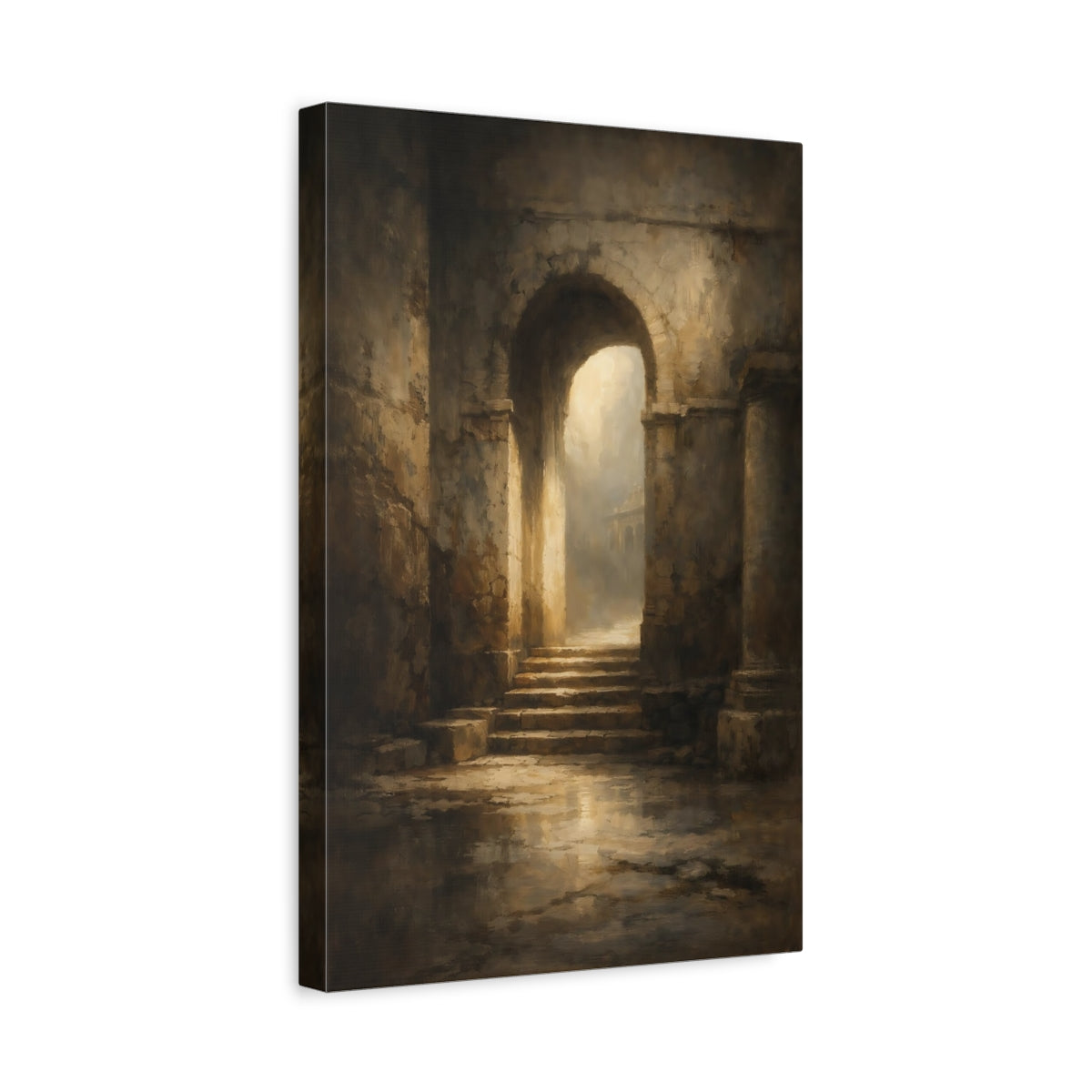 Side Mockup 4. Vintage Ancient Archway Brown And Gold shown as stretched canvas wall art