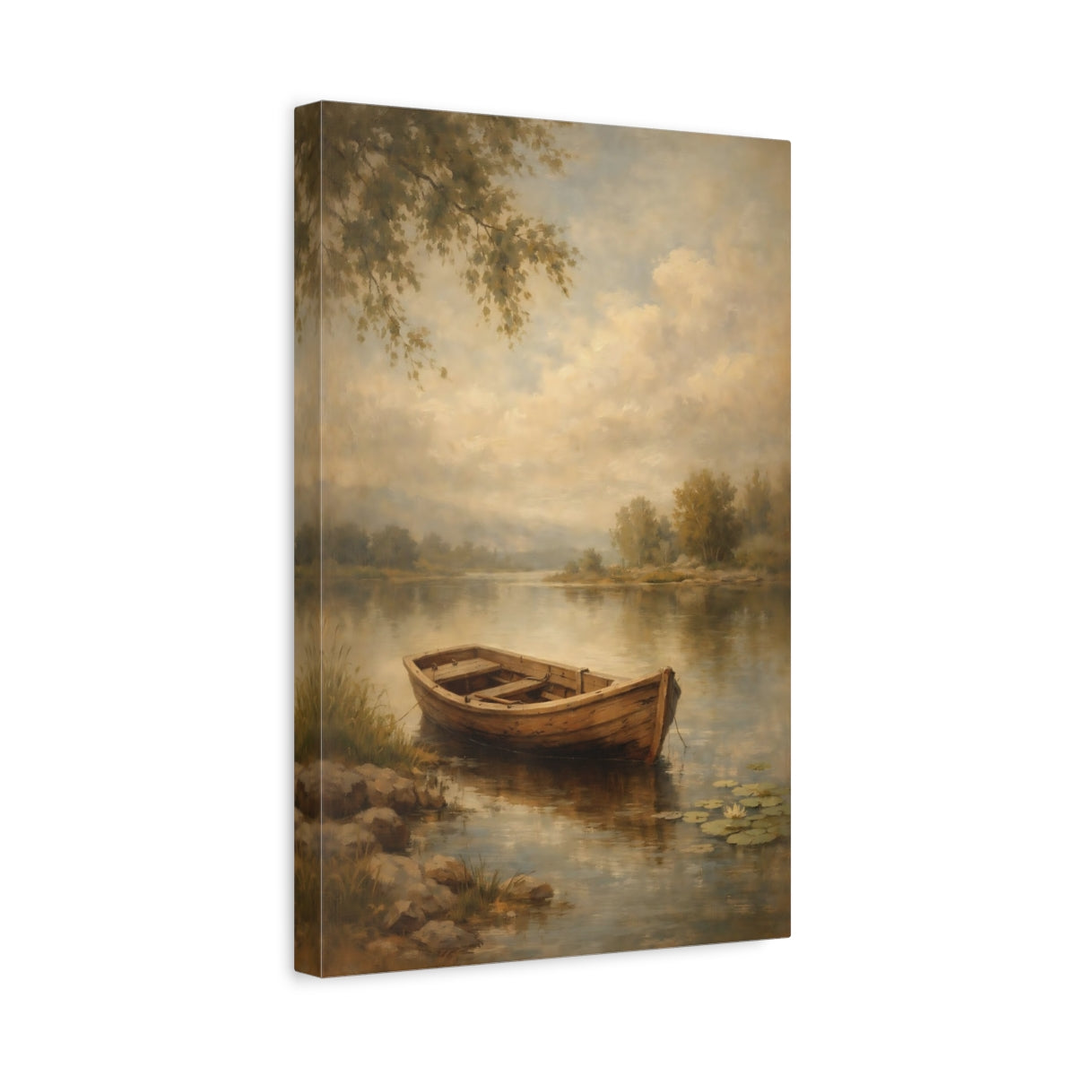 Side Mockup 4. Nature Wooden Boat Muted Landscape shown as stretched canvas wall art