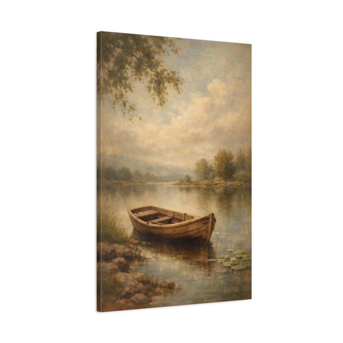 Side Mockup 1. Nature Wooden Boat Muted Landscape shown as stretched canvas wall art