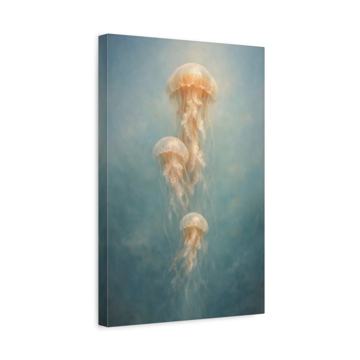 Side Mockup 4. Nature Jellyfish Blue And Orange shown as stretched canvas wall art