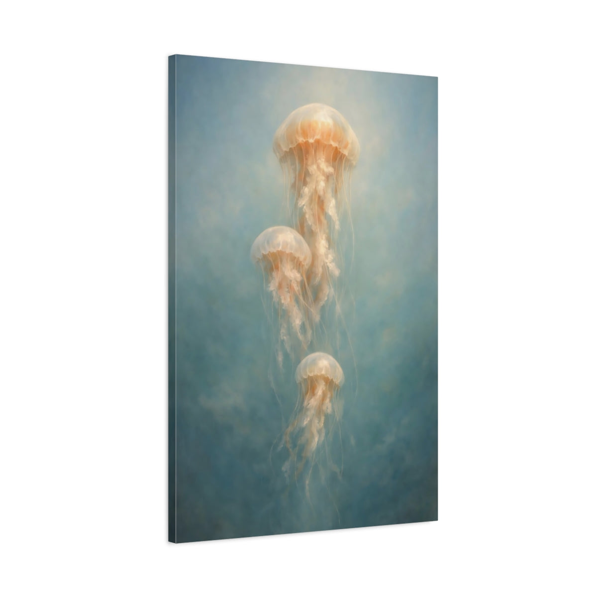 Side Mockup 1. Nature Jellyfish Blue And Orange shown as stretched canvas wall art