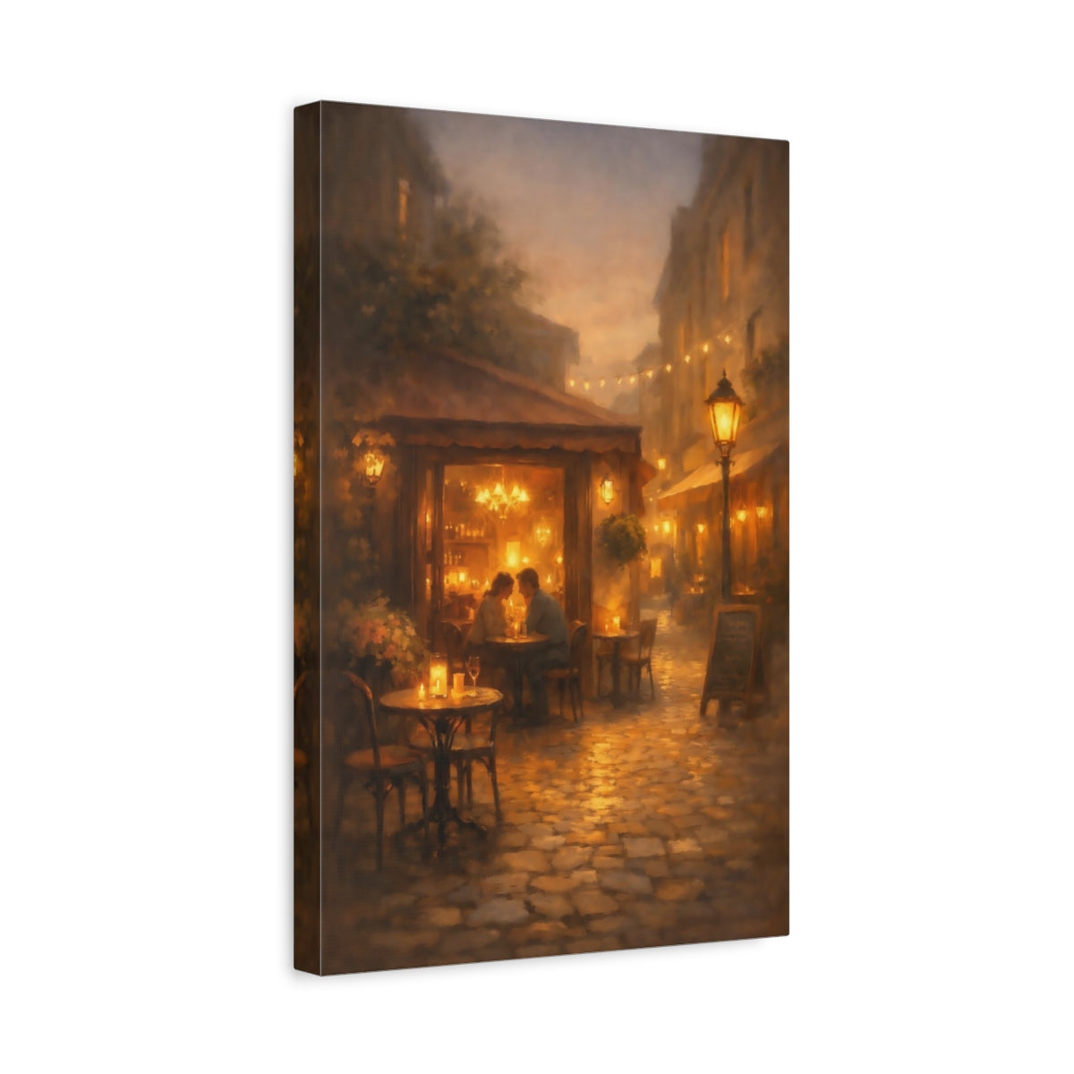 Side Mockup 4. Vintage Street Cafe Warm Evening Cafe shown as stretched canvas wall art