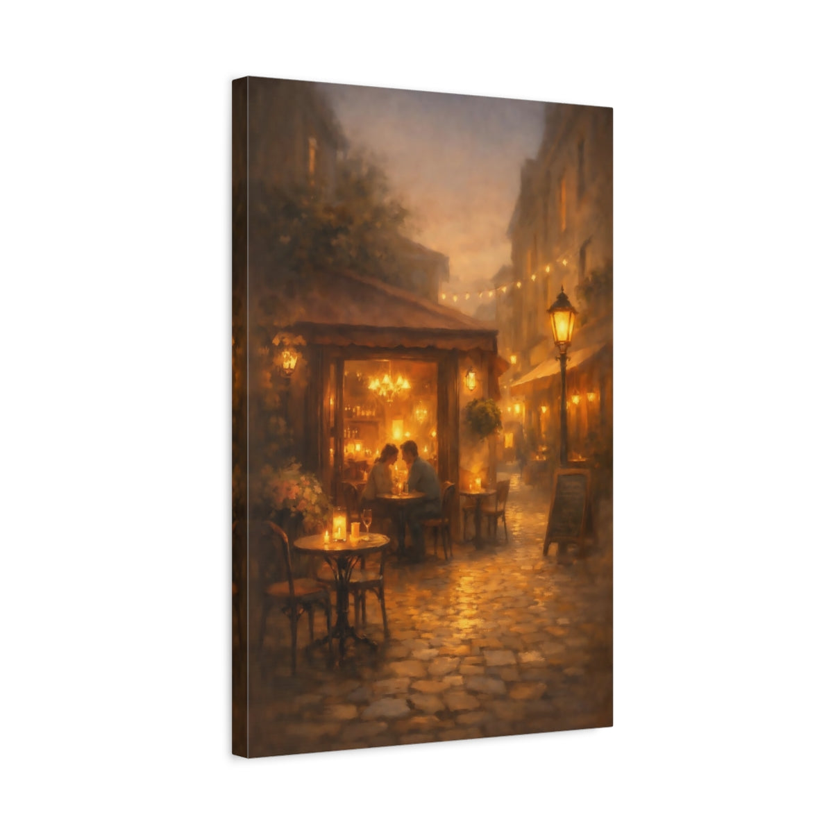 Side Mockup 3. Vintage Street Cafe Warm Evening Cafe shown as stretched canvas wall art