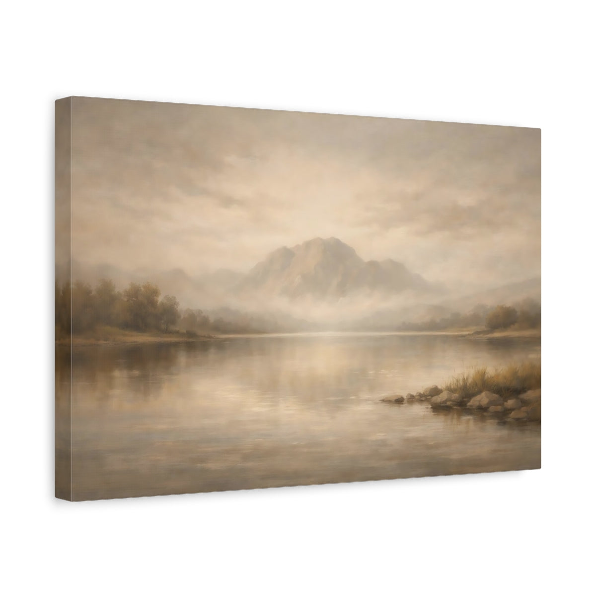 Side Mockup 4. Nature Mountain Lake Beige And Brown shown as stretched canvas wall art