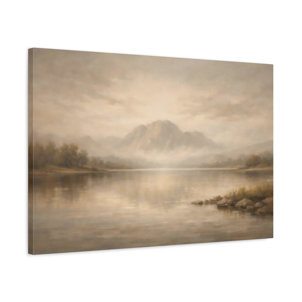 Side Mockup 2. Nature Mountain Lake Beige And Brown shown as stretched canvas wall art