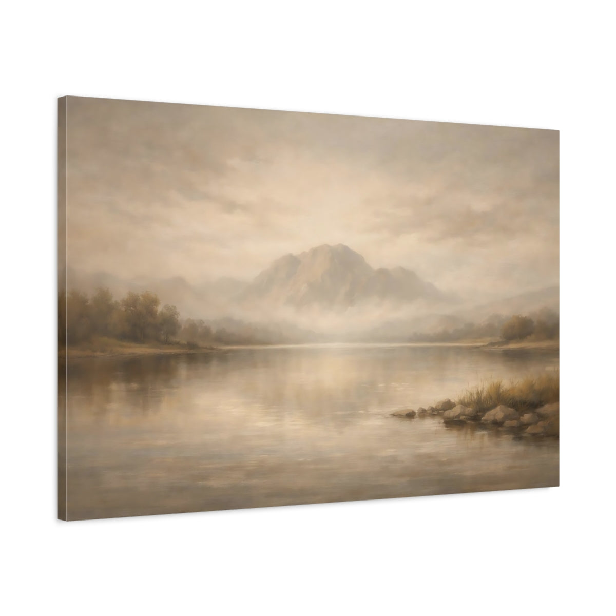 Side Mockup 1. Nature Mountain Lake Beige And Brown shown as stretched canvas wall art