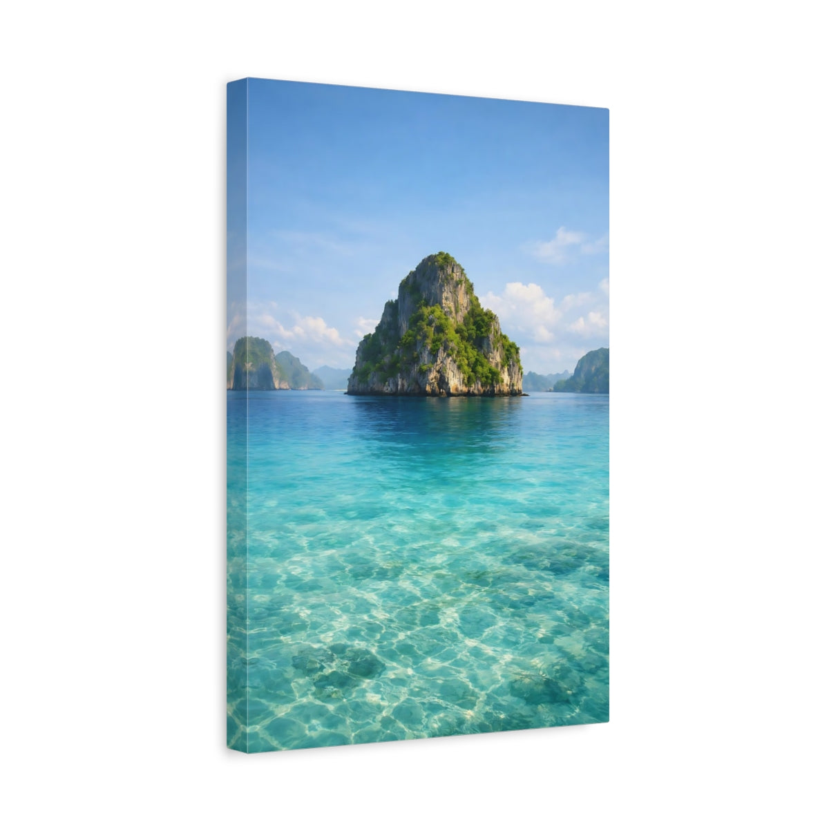 Side Mockup 4. Nature Tropical Island Blue And Green shown as stretched canvas wall art