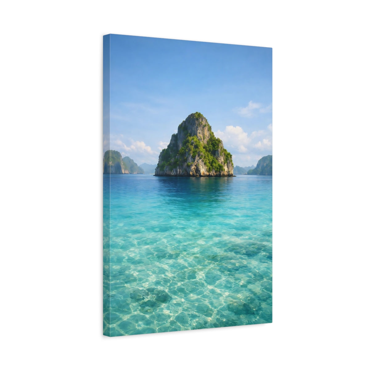 Side Mockup 3. Nature Tropical Island Blue And Green shown as stretched canvas wall art
