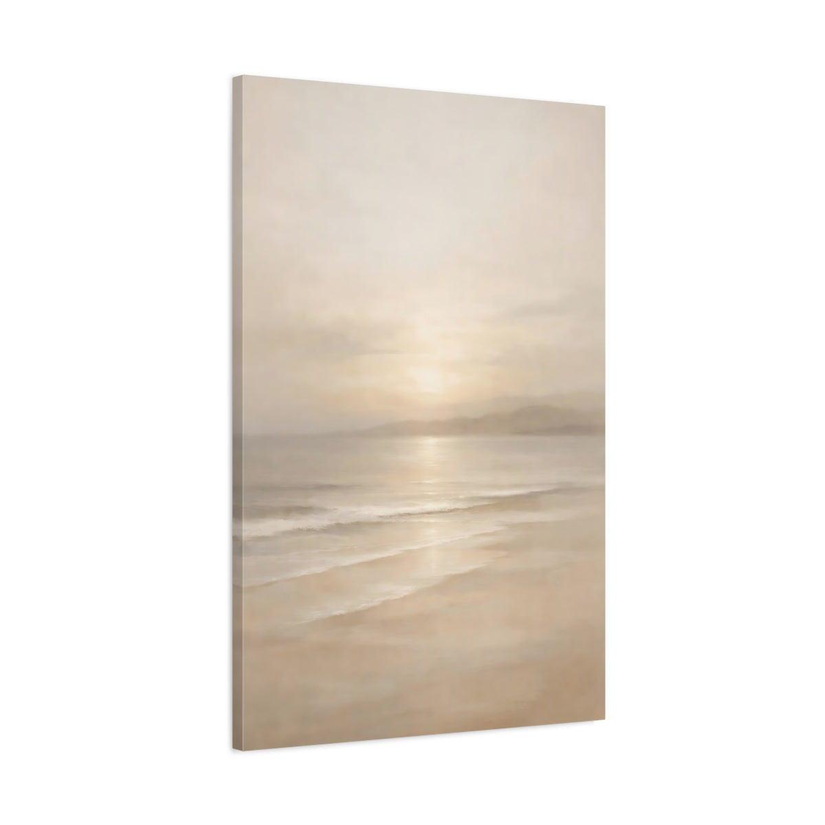 Side Mockup 1. Nature Beach Sunset Beige Beach Art shown as stretched canvas wall art