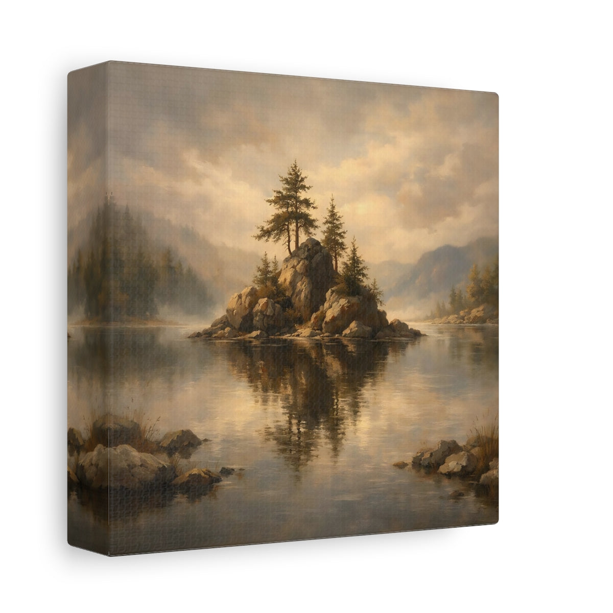 Side Mockup 1. Nature Rocky Island Misty Lake Island shown as stretched canvas wall art