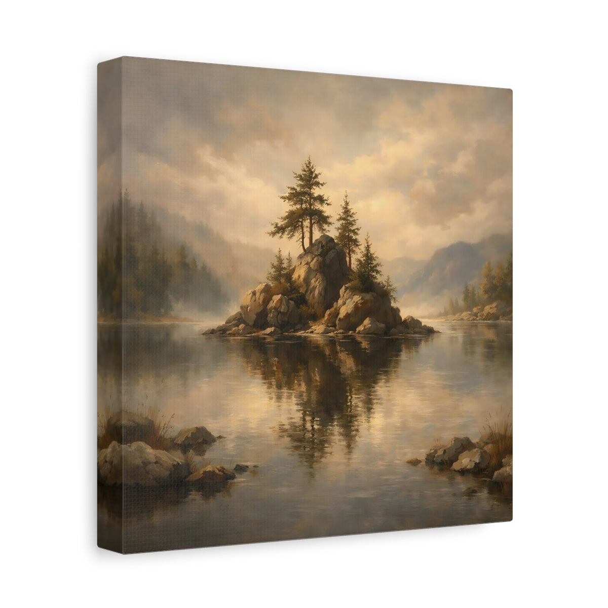 Side Mockup 9. Nature Rocky Island Misty Lake Island shown as stretched canvas wall art