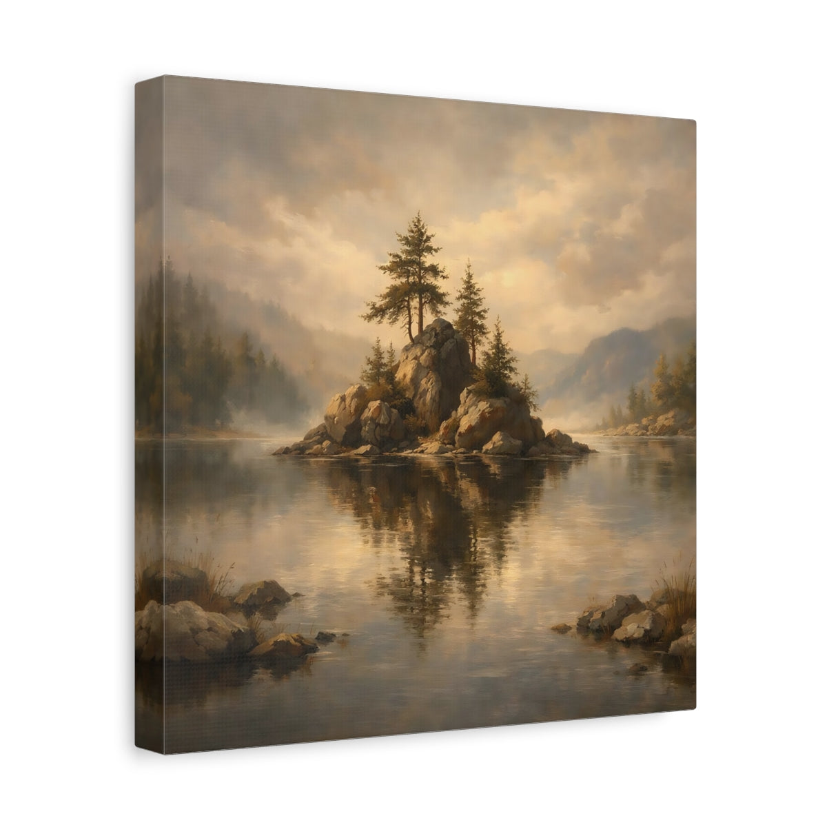 Side Mockup 8. Nature Rocky Island Misty Lake Island shown as stretched canvas wall art