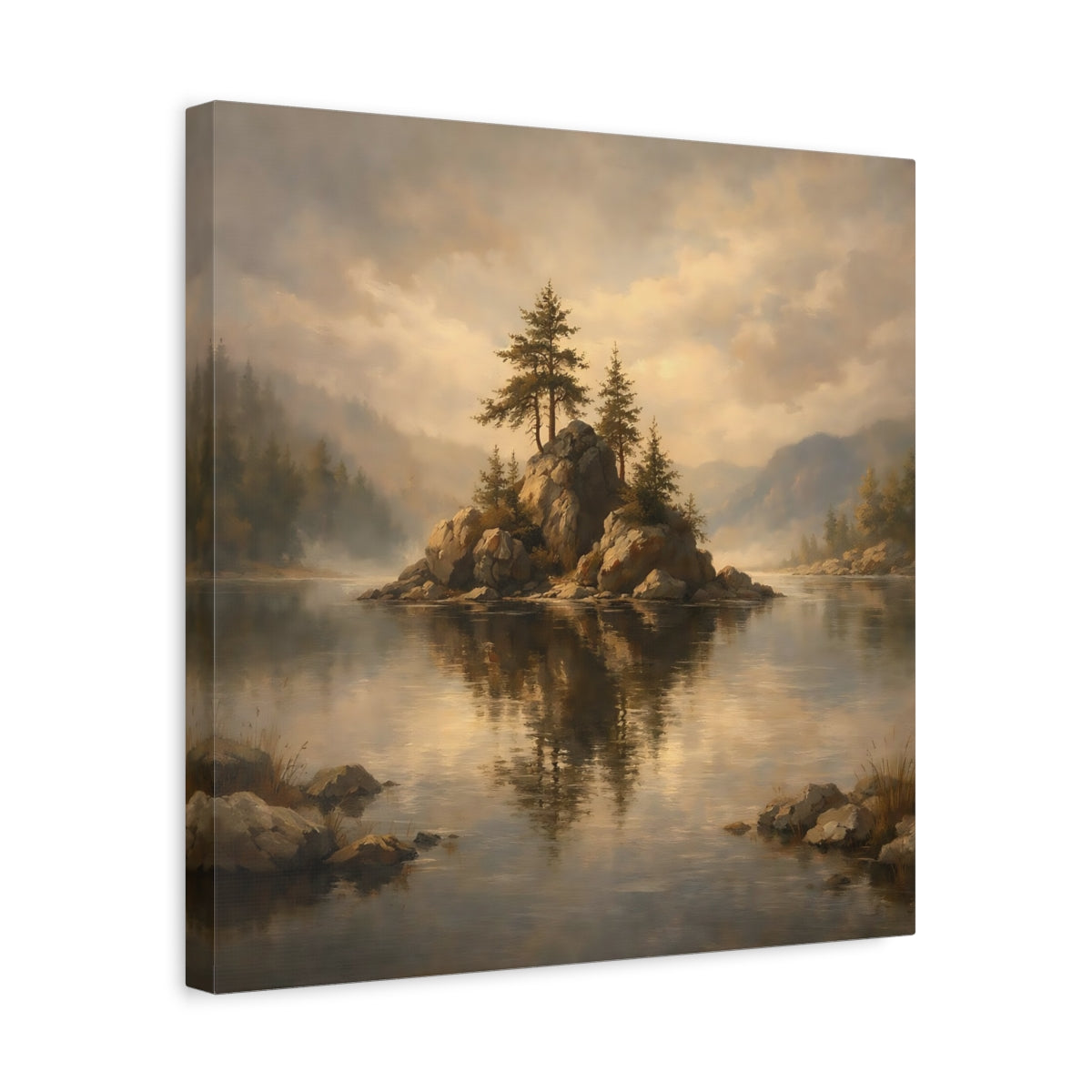 Side Mockup 6. Nature Rocky Island Misty Lake Island shown as stretched canvas wall art