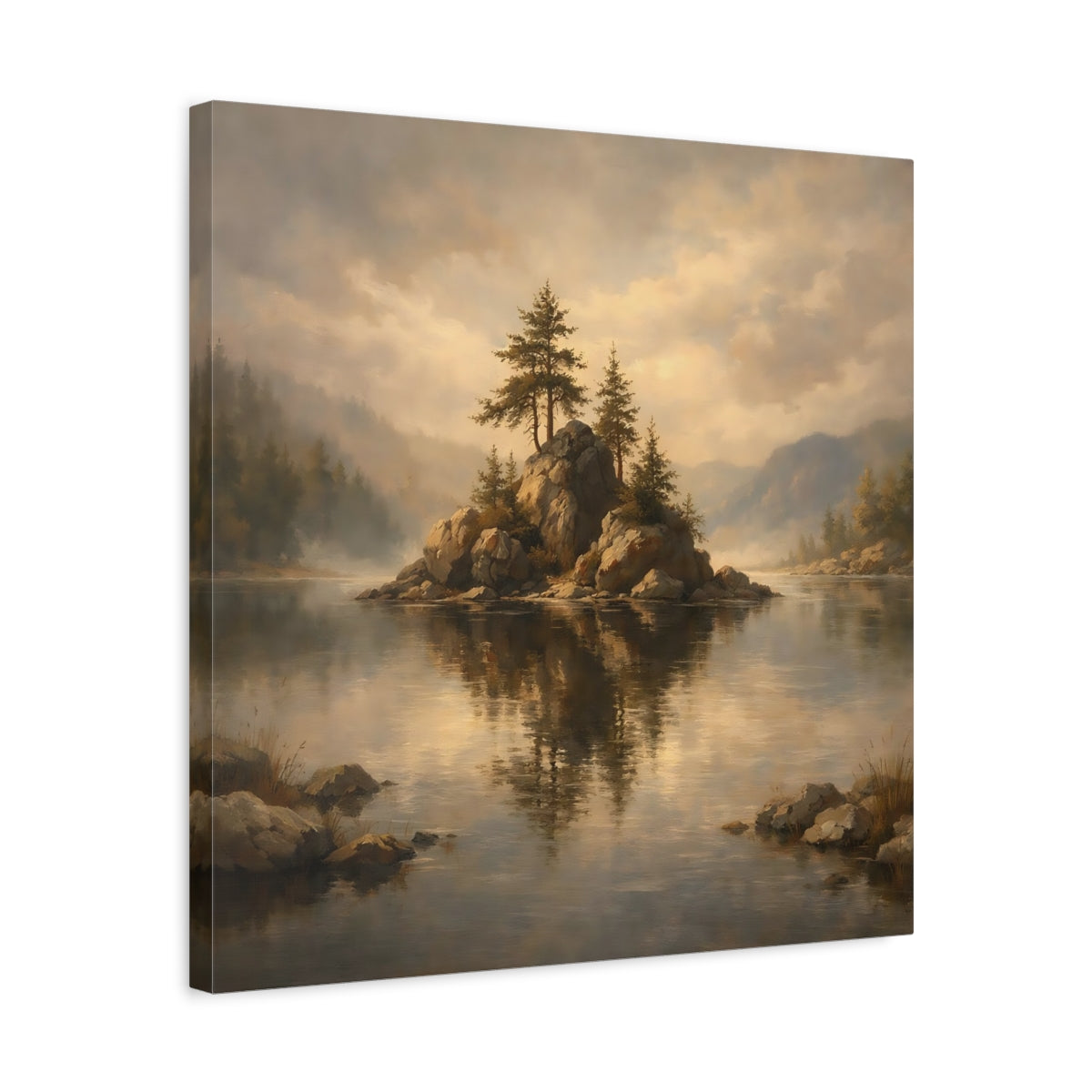 Side Mockup 5. Nature Rocky Island Misty Lake Island shown as stretched canvas wall art