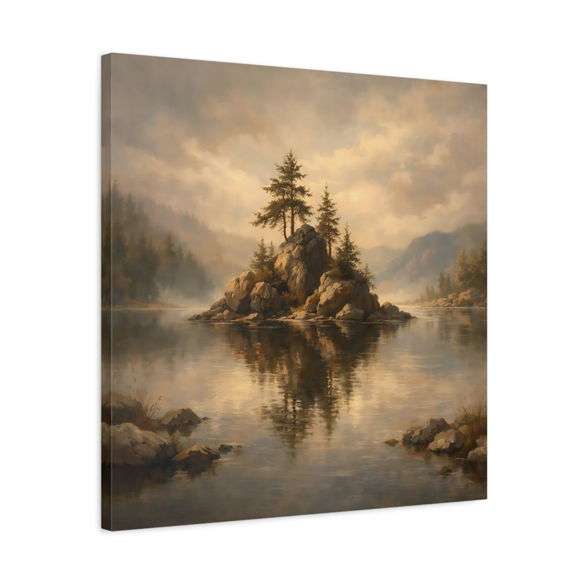 Side Mockup 4. Nature Rocky Island Misty Lake Island shown as stretched canvas wall art