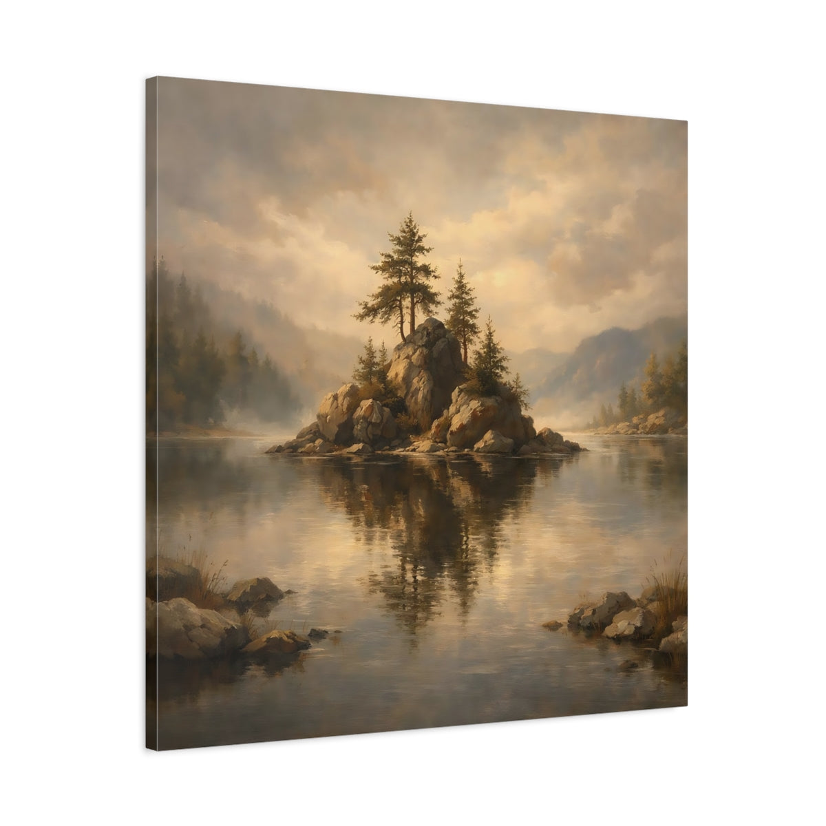 Side Mockup 3. Nature Rocky Island Misty Lake Island shown as stretched canvas wall art