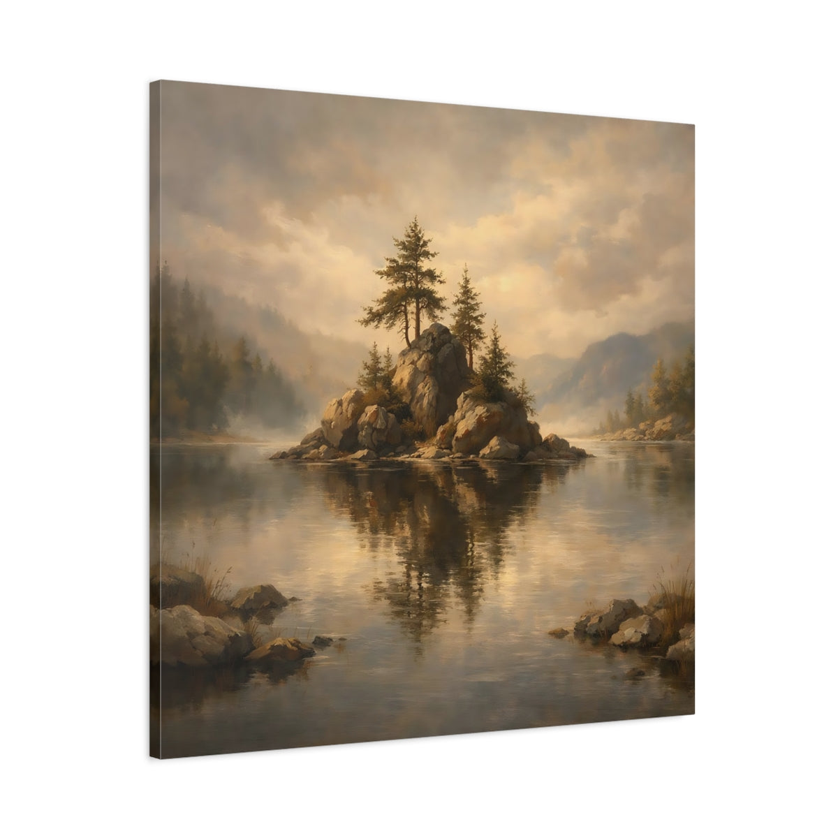 Side Mockup 2. Nature Rocky Island Misty Lake Island shown as stretched canvas wall art