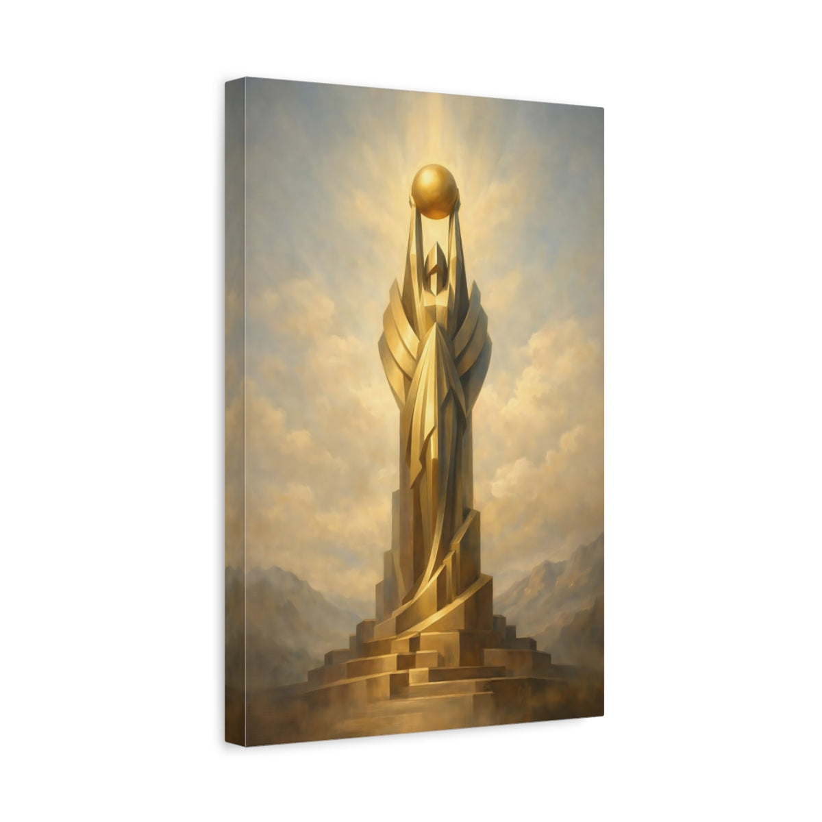 Side Mockup 4. Abstract Golden Monument Gold And Blue shown as stretched canvas wall art