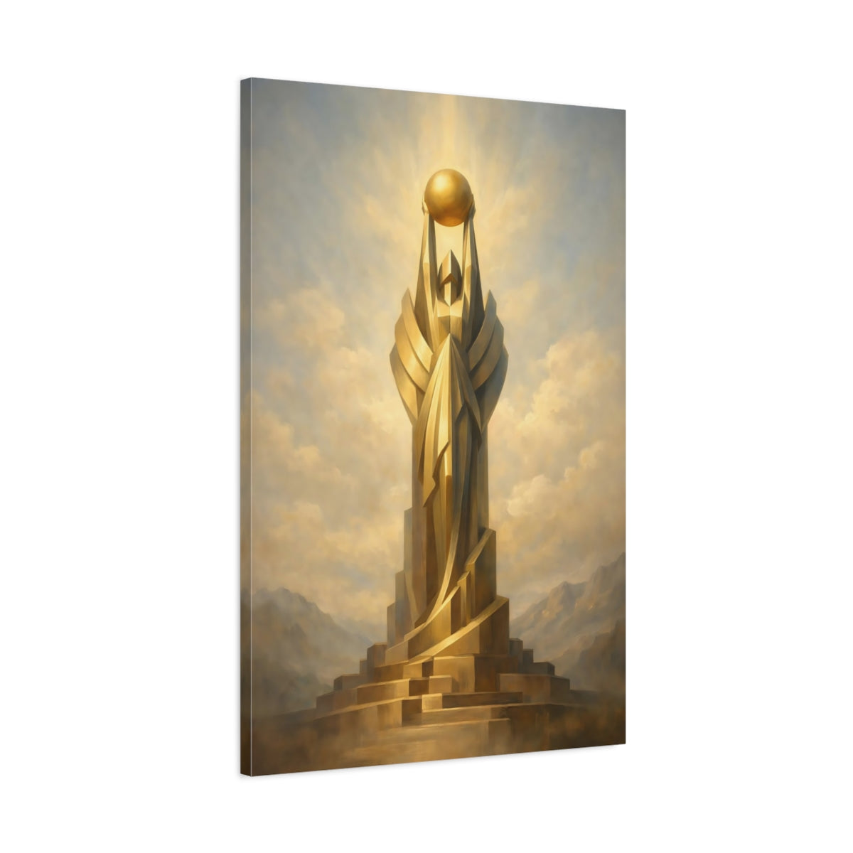 Side Mockup 1. Abstract Golden Monument Gold And Blue shown as stretched canvas wall art