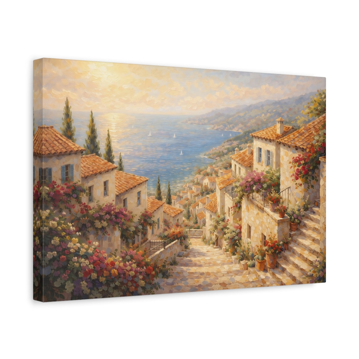 Village côtier floral méditerranéen - Impression sur toile