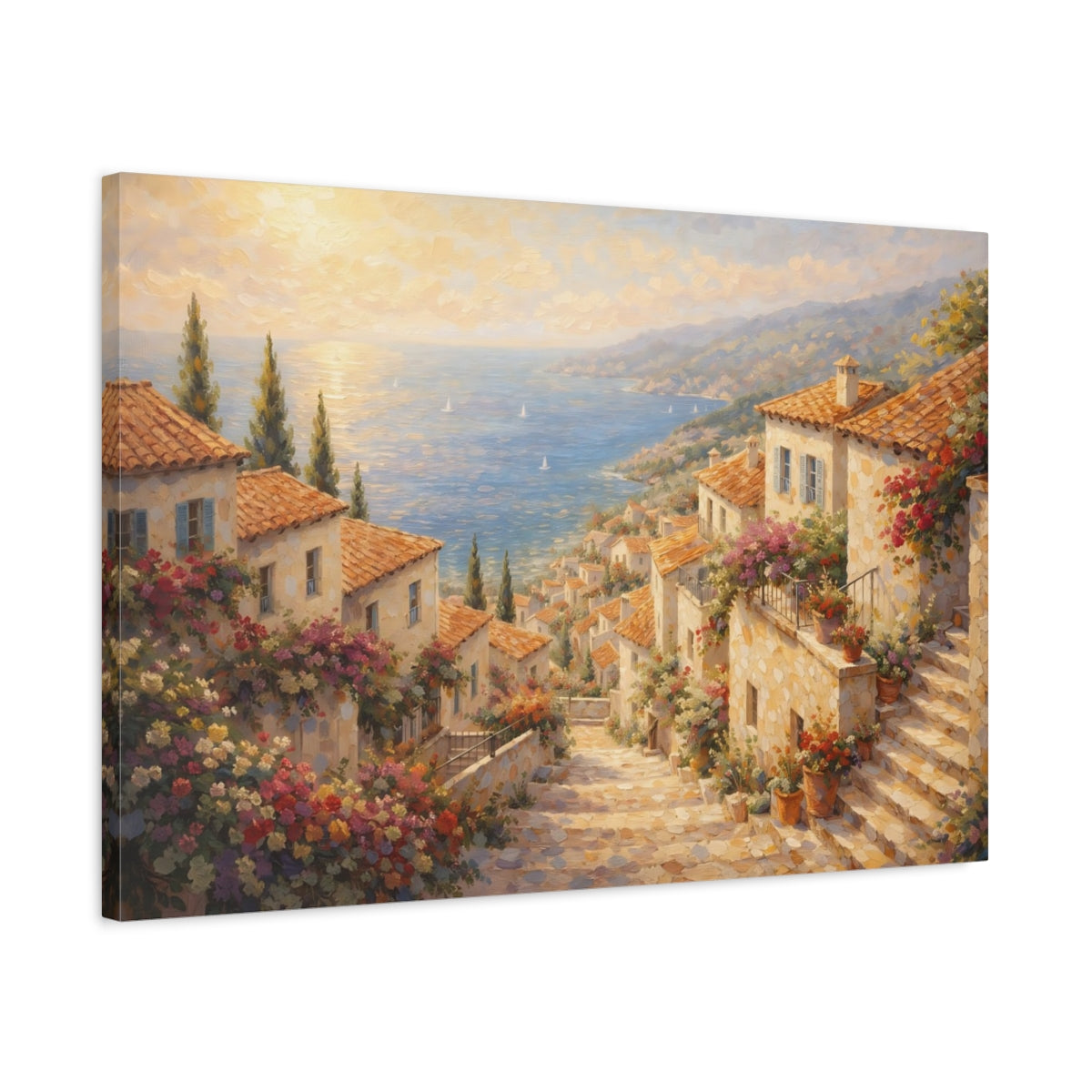 Village côtier floral méditerranéen - Impression sur toile