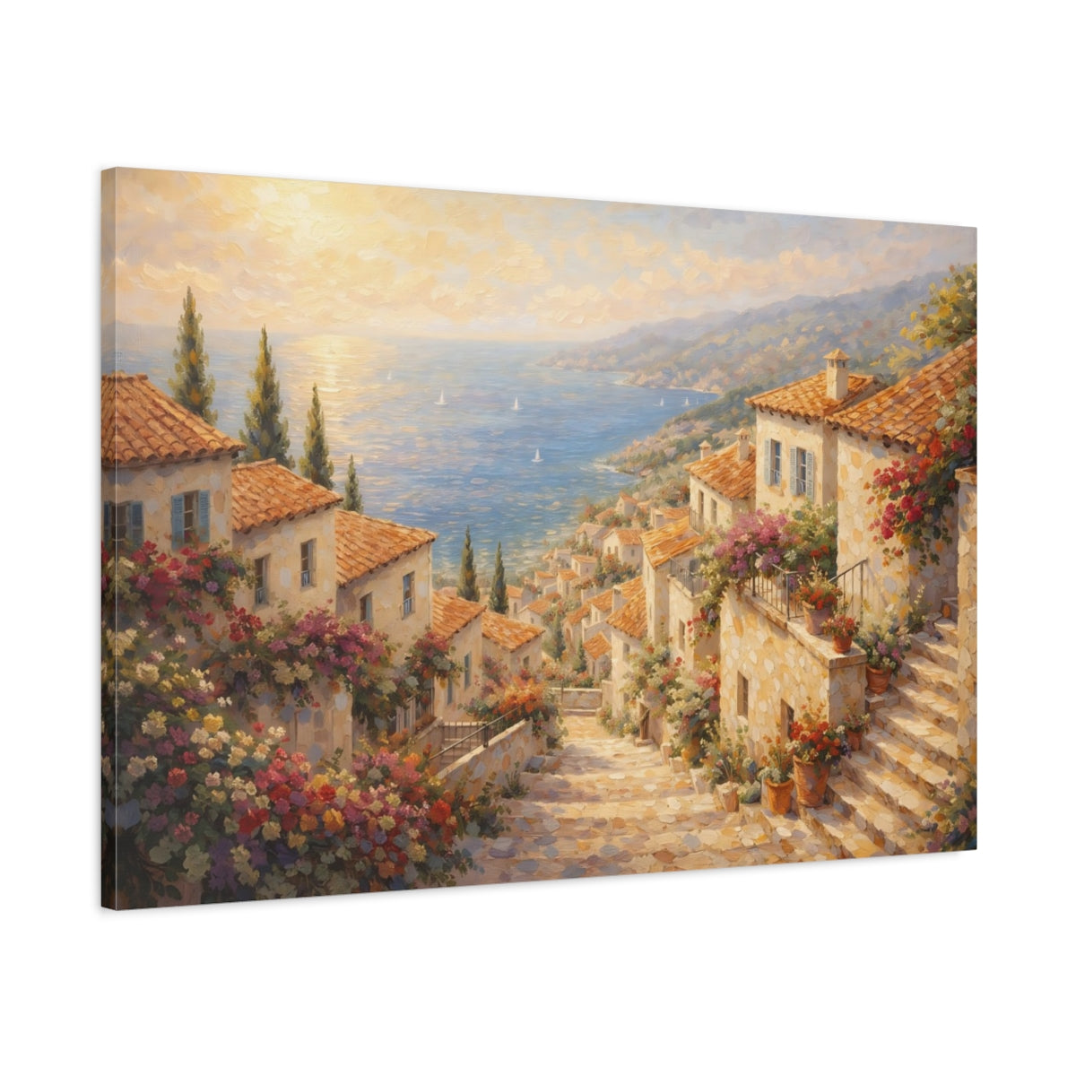 Village côtier floral méditerranéen - Impression sur toile