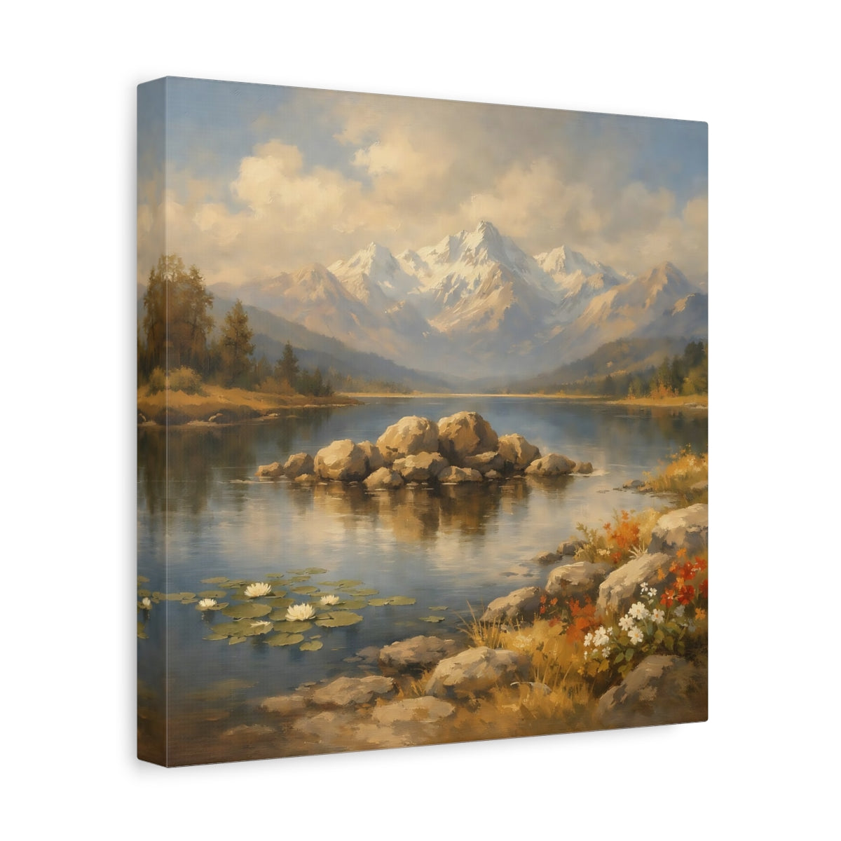 Side Mockup 8. Nature Mountain Lake Mountain Lake Scenic shown as stretched canvas wall art