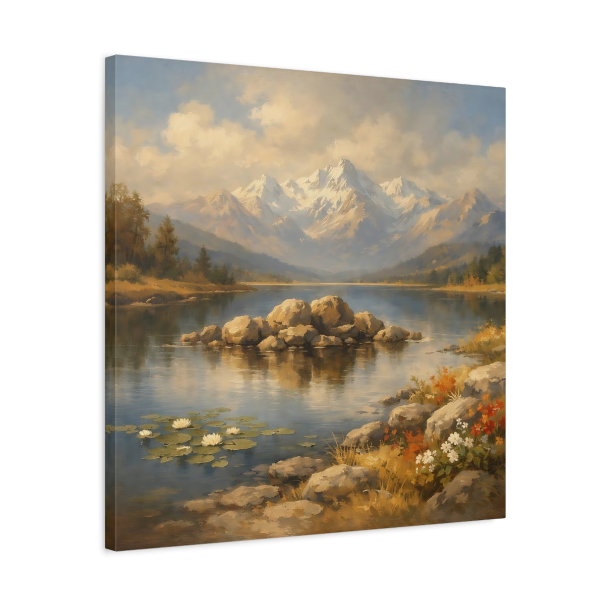 Side Mockup 4. Nature Mountain Lake Mountain Lake Scenic shown as stretched canvas wall art