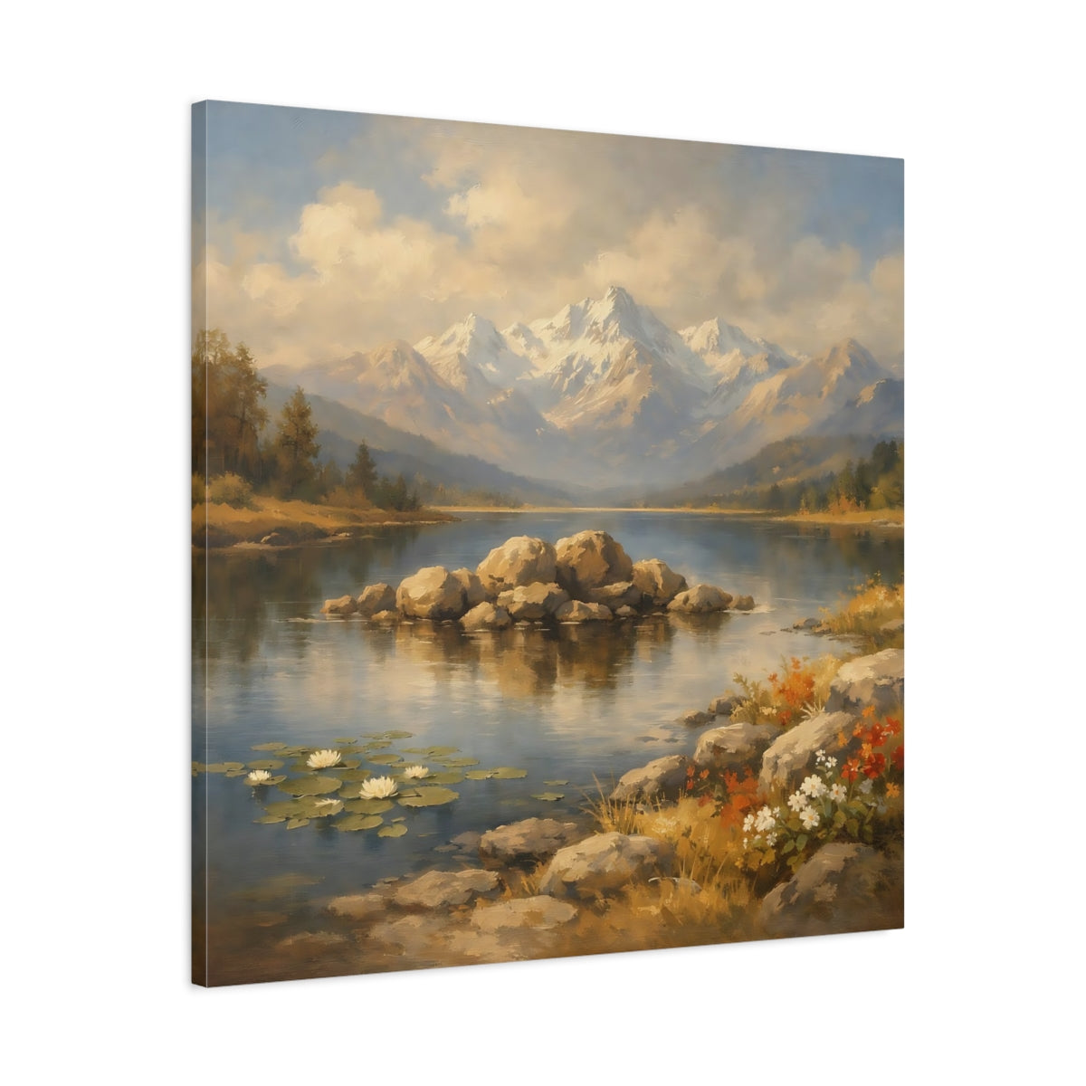 Side Mockup 3. Nature Mountain Lake Mountain Lake Scenic shown as stretched canvas wall art