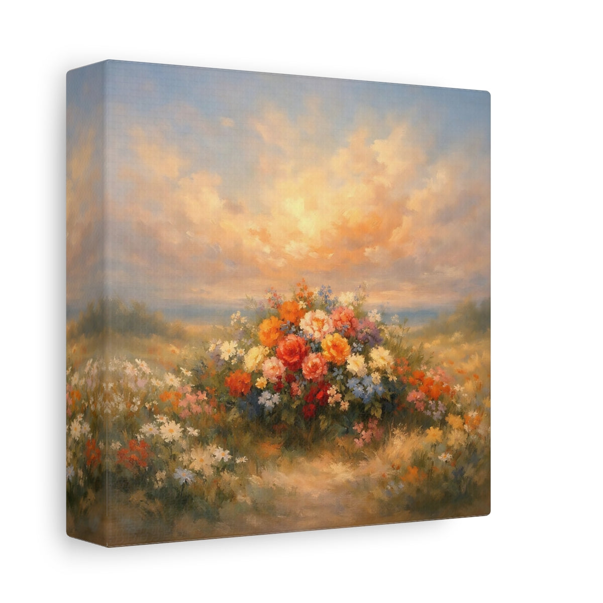 Side Mockup 1. Floral Flower Bouquet Colorful Flower Field shown as stretched canvas wall art