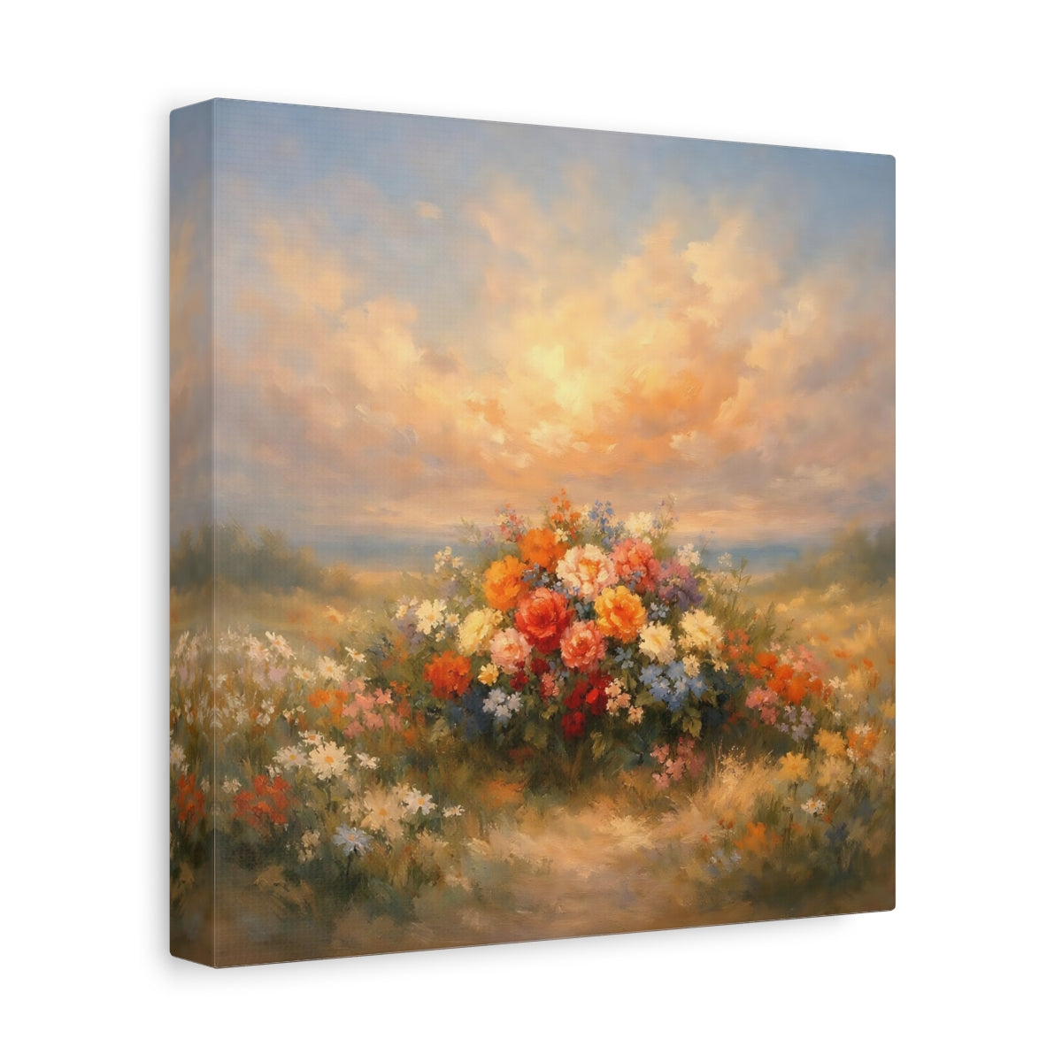 Side Mockup 9. Floral Flower Bouquet Colorful Flower Field shown as stretched canvas wall art