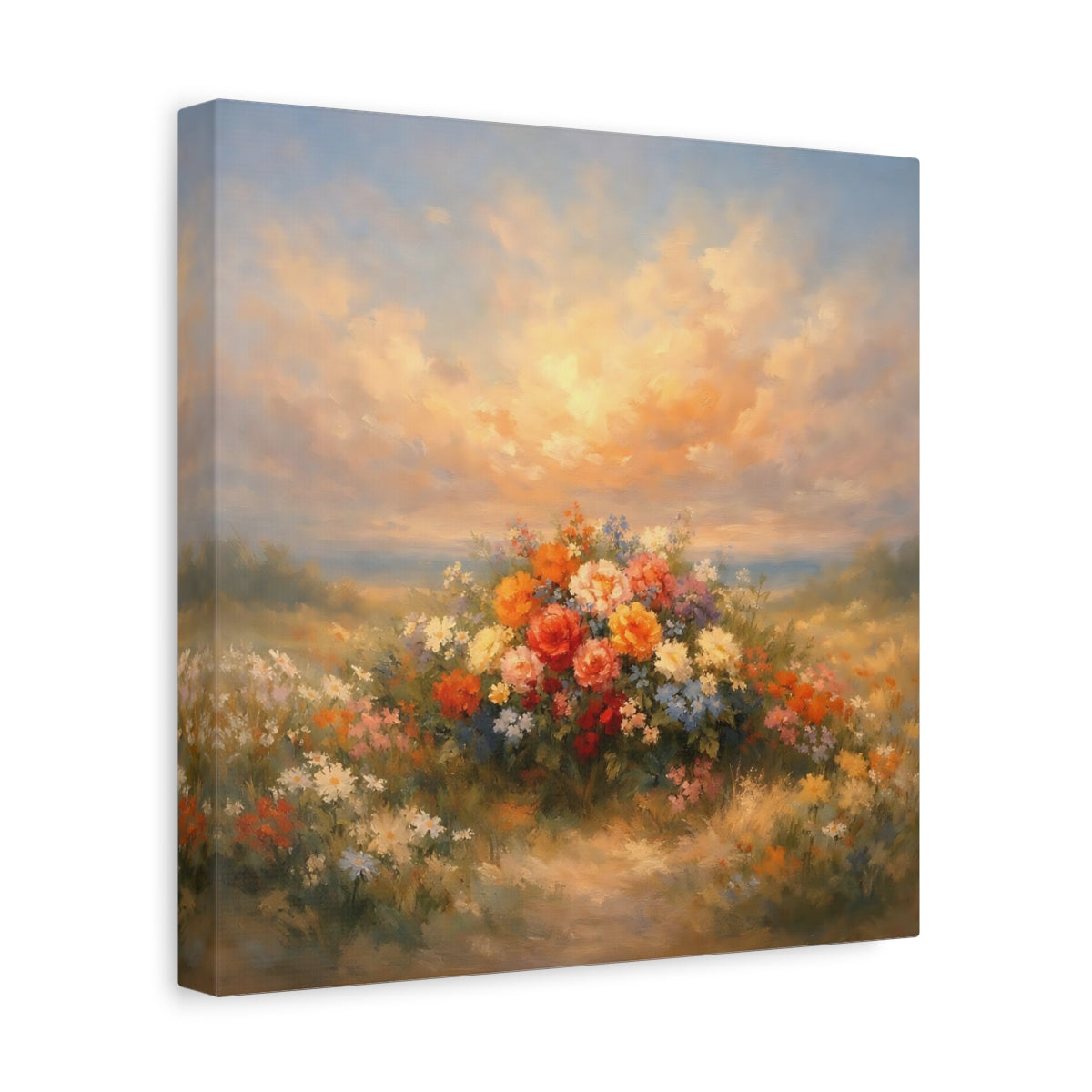 Side Mockup 8. Floral Flower Bouquet Colorful Flower Field shown as stretched canvas wall art
