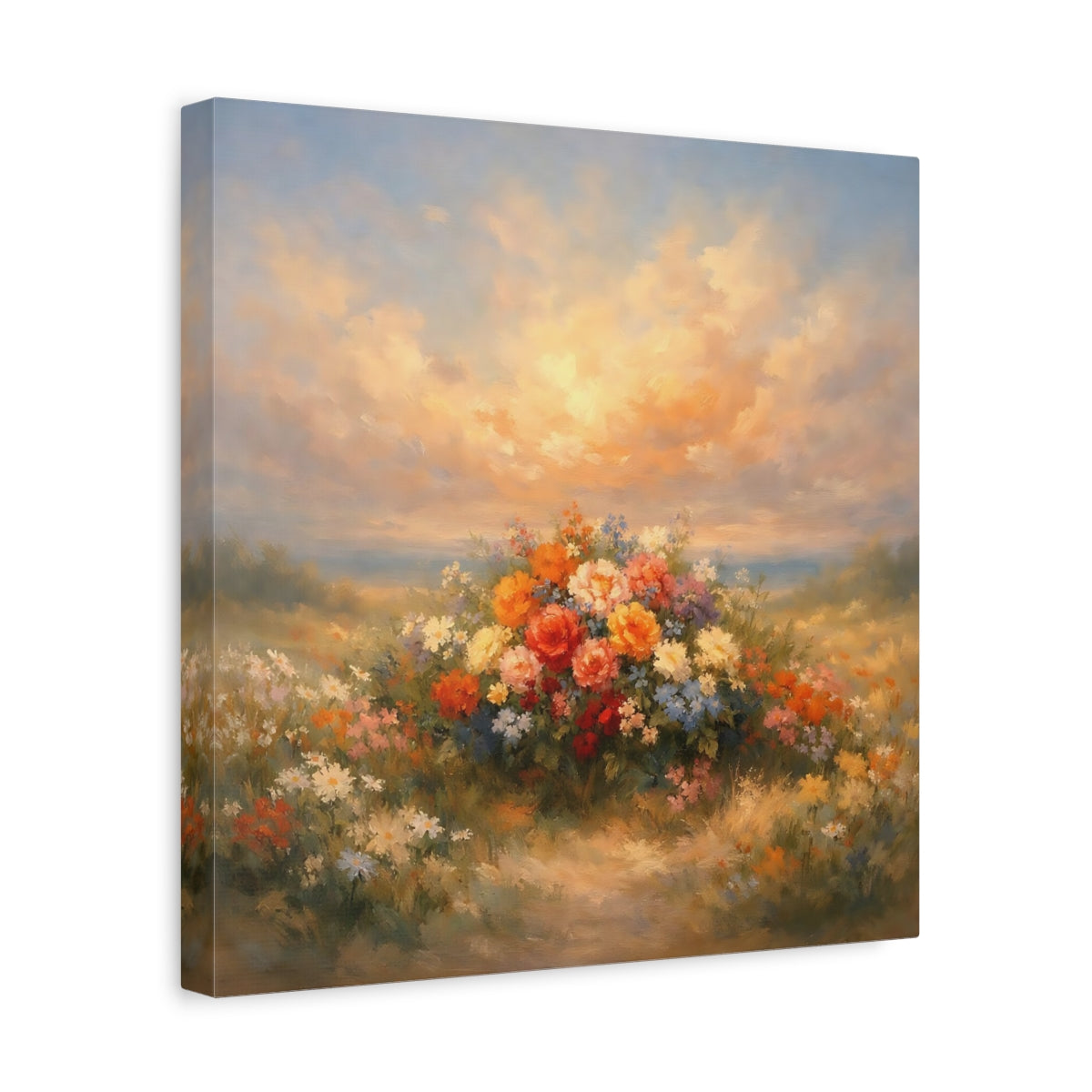 Side Mockup 7. Floral Flower Bouquet Colorful Flower Field shown as stretched canvas wall art