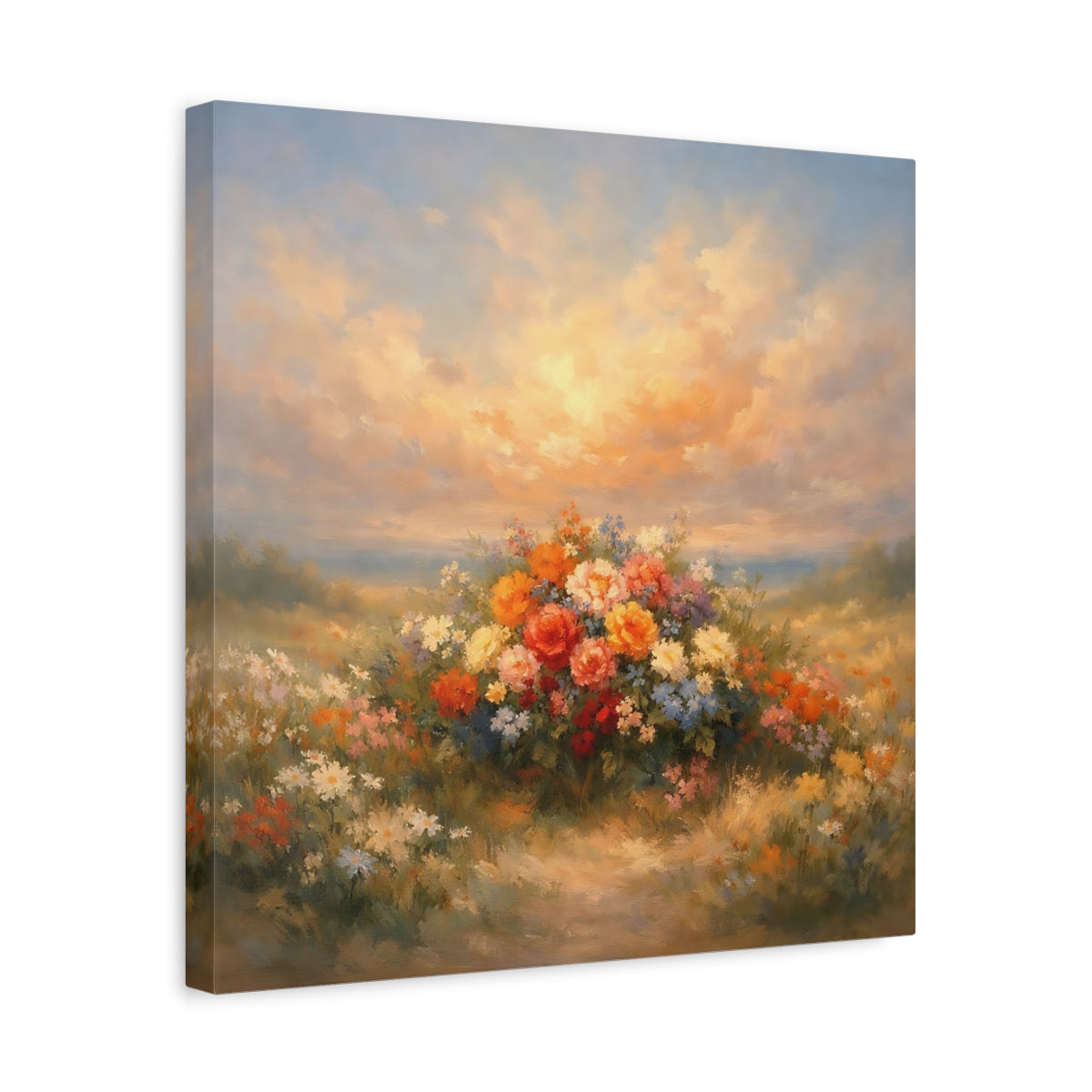 Side Mockup 6. Floral Flower Bouquet Colorful Flower Field shown as stretched canvas wall art