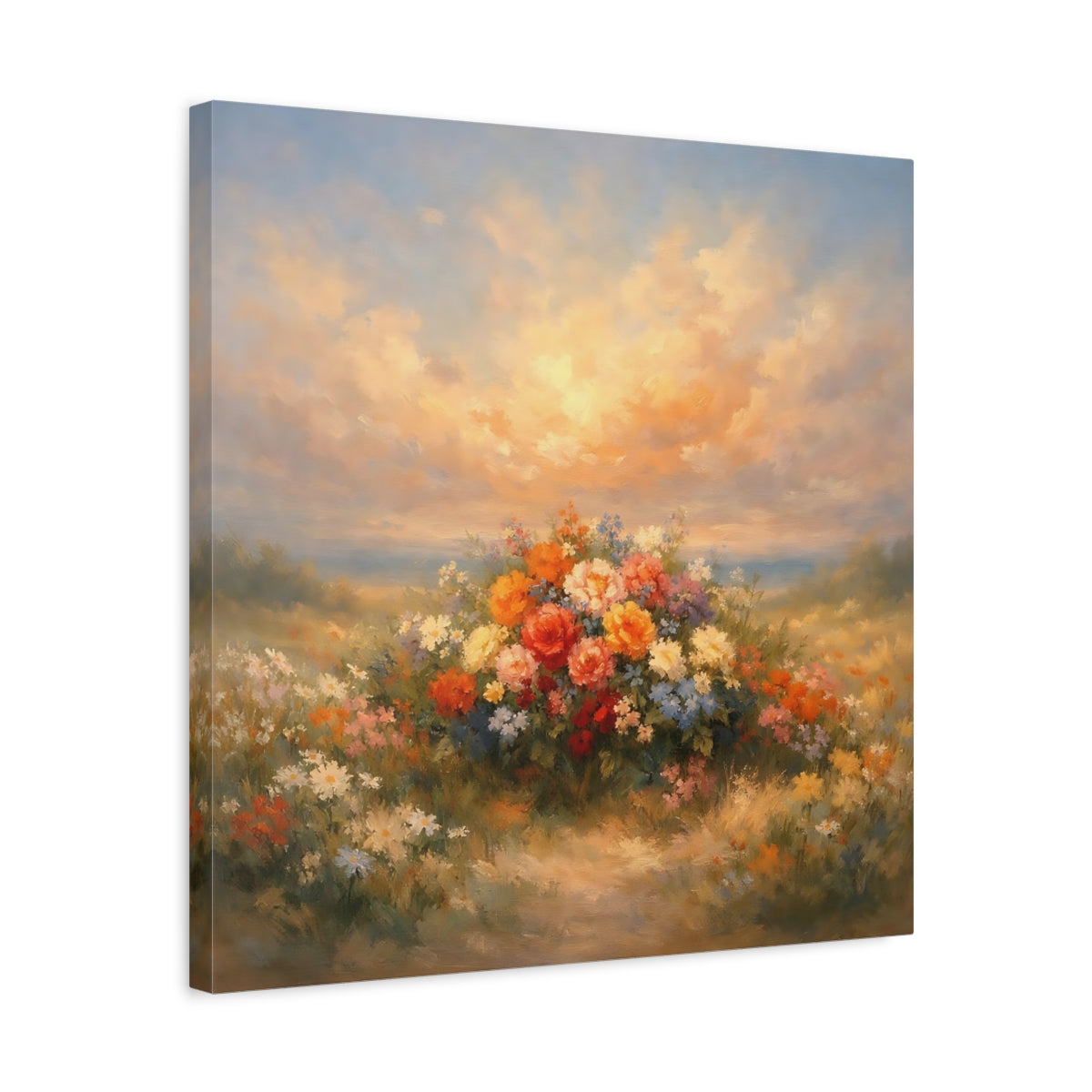 Side Mockup 5. Floral Flower Bouquet Colorful Flower Field shown as stretched canvas wall art