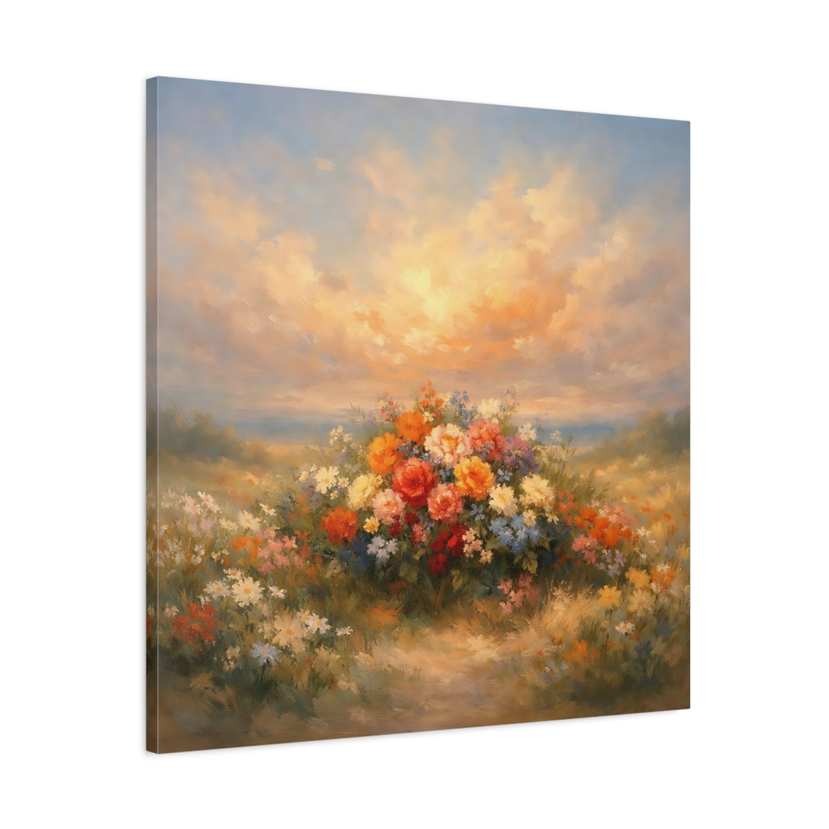 Side Mockup 3. Floral Flower Bouquet Colorful Flower Field shown as stretched canvas wall art