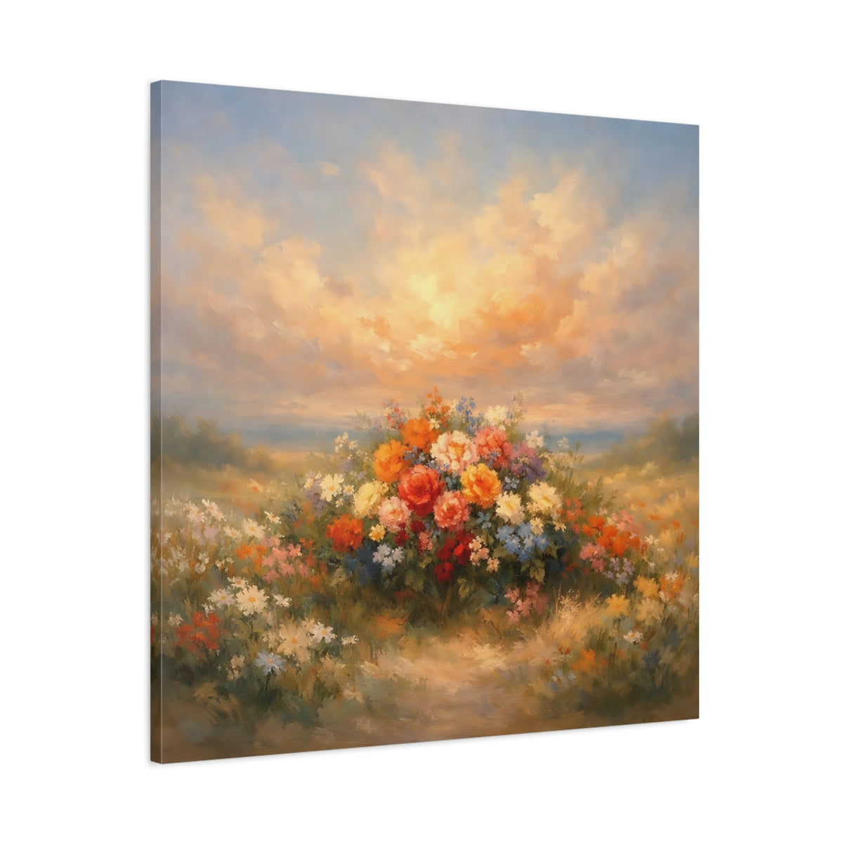 Side Mockup 2. Floral Flower Bouquet Colorful Flower Field shown as stretched canvas wall art