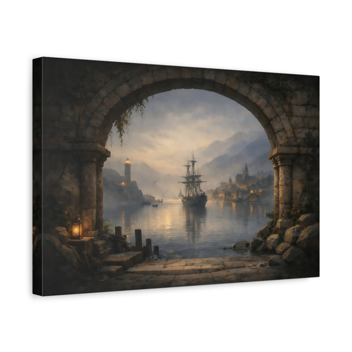 Mist Depth Harbor Archway View Sailing Ship Vintage - Canvas Wall Art Print