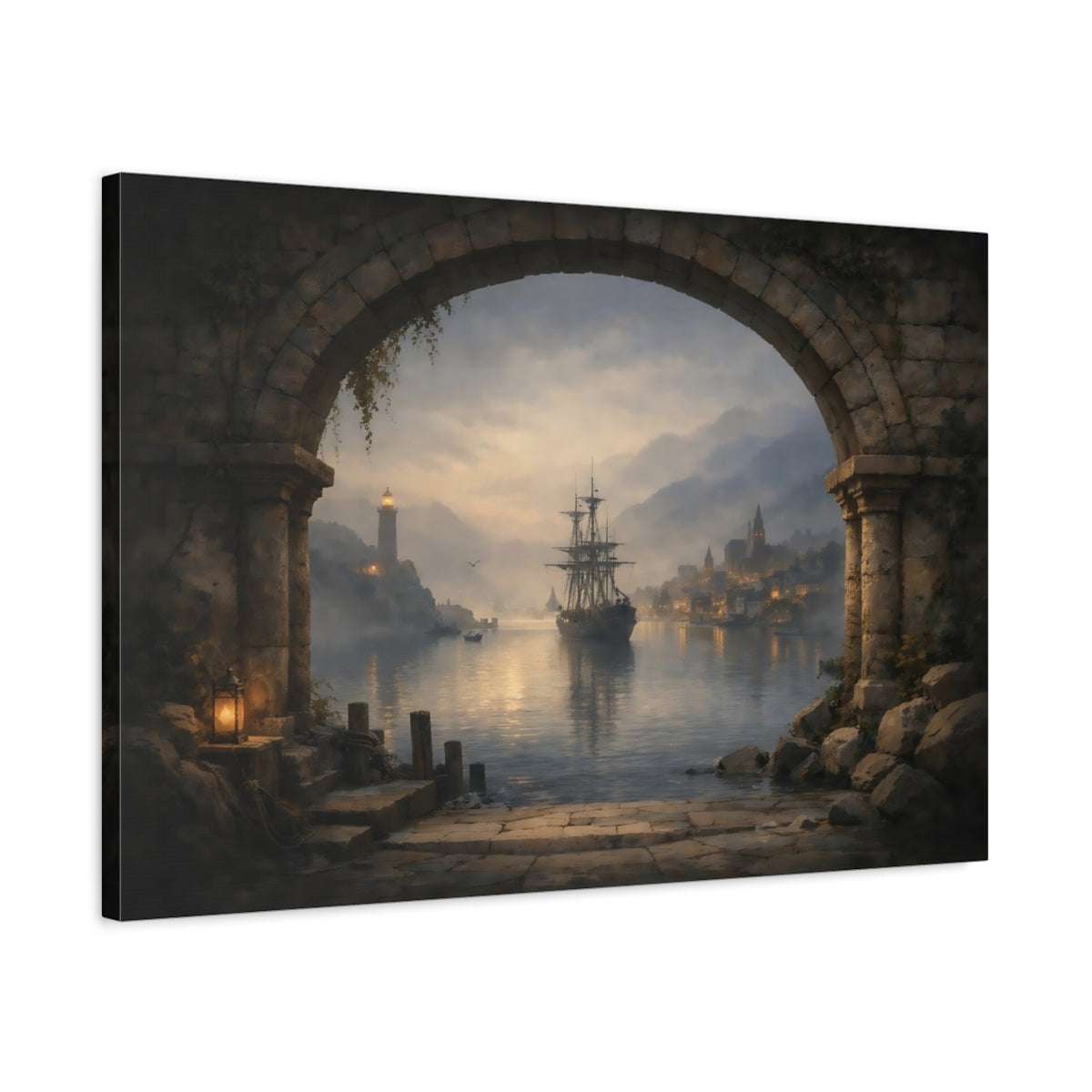 Mist Depth Harbor Archway View Sailing Ship Vintage - Canvas Wall Art Print